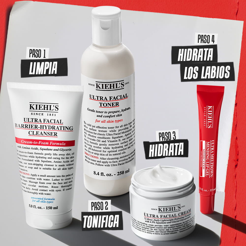Rutina de 4 pasos de Kiehl's que incluye Barrier Hydrating Cleanser (Limpieza), Ultra Facial Toner (Tonificacion), Ultra Facial Cream (Hidratacion) y Mending Lip Gel (Humectacion de labios), mostrados juntos en un grafico promocional.