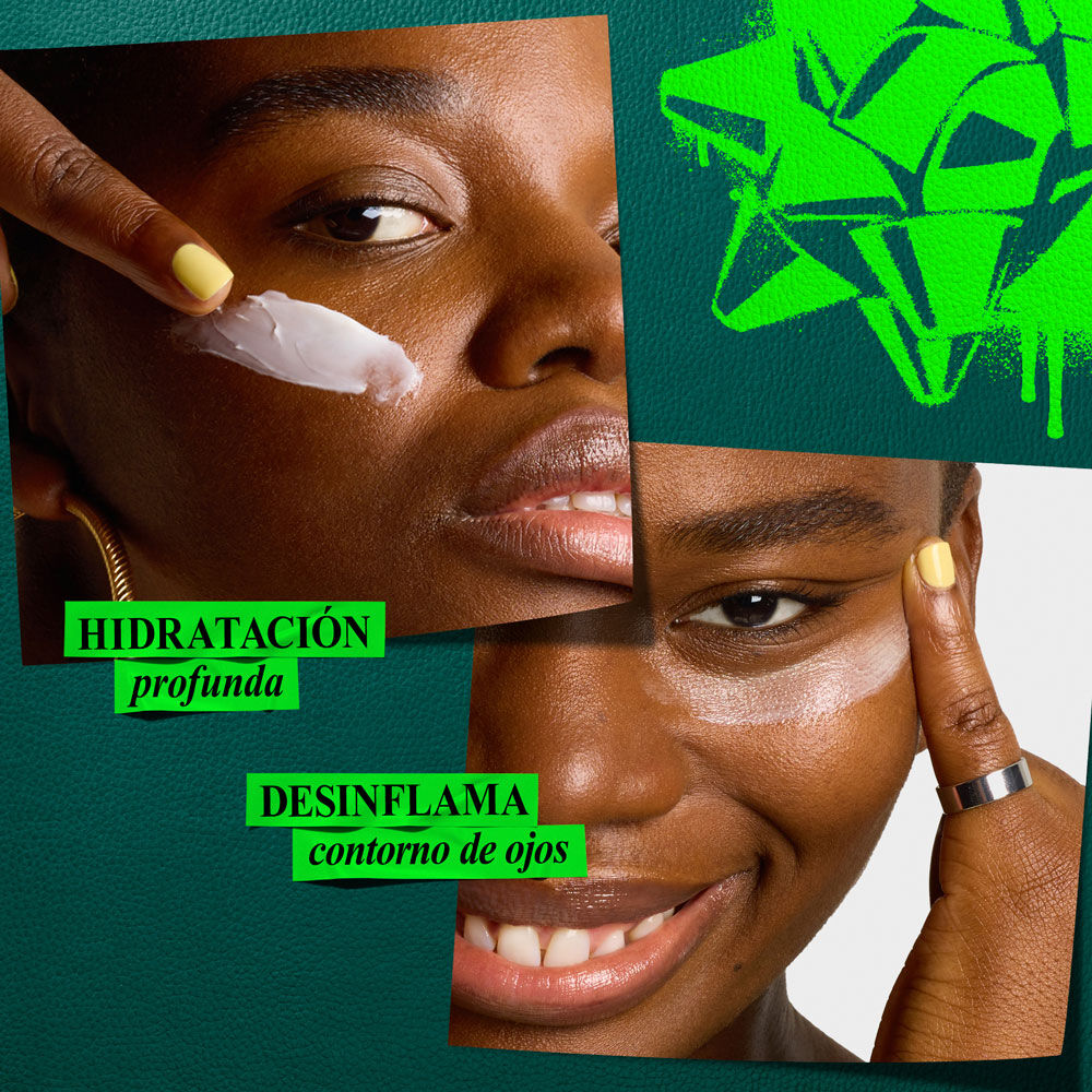 Un grafico con dos imagenes divididas sobre fondo verde oscuro y un lazo verde brillante arriba a la derecha. La imagen superior izquierda muestra un dedo aplicando crema en una mejilla: "Hidrata profundamente la piel". La inferior derecha muestra crema bajo el ojo: "Desinflama el contorno de ojos".