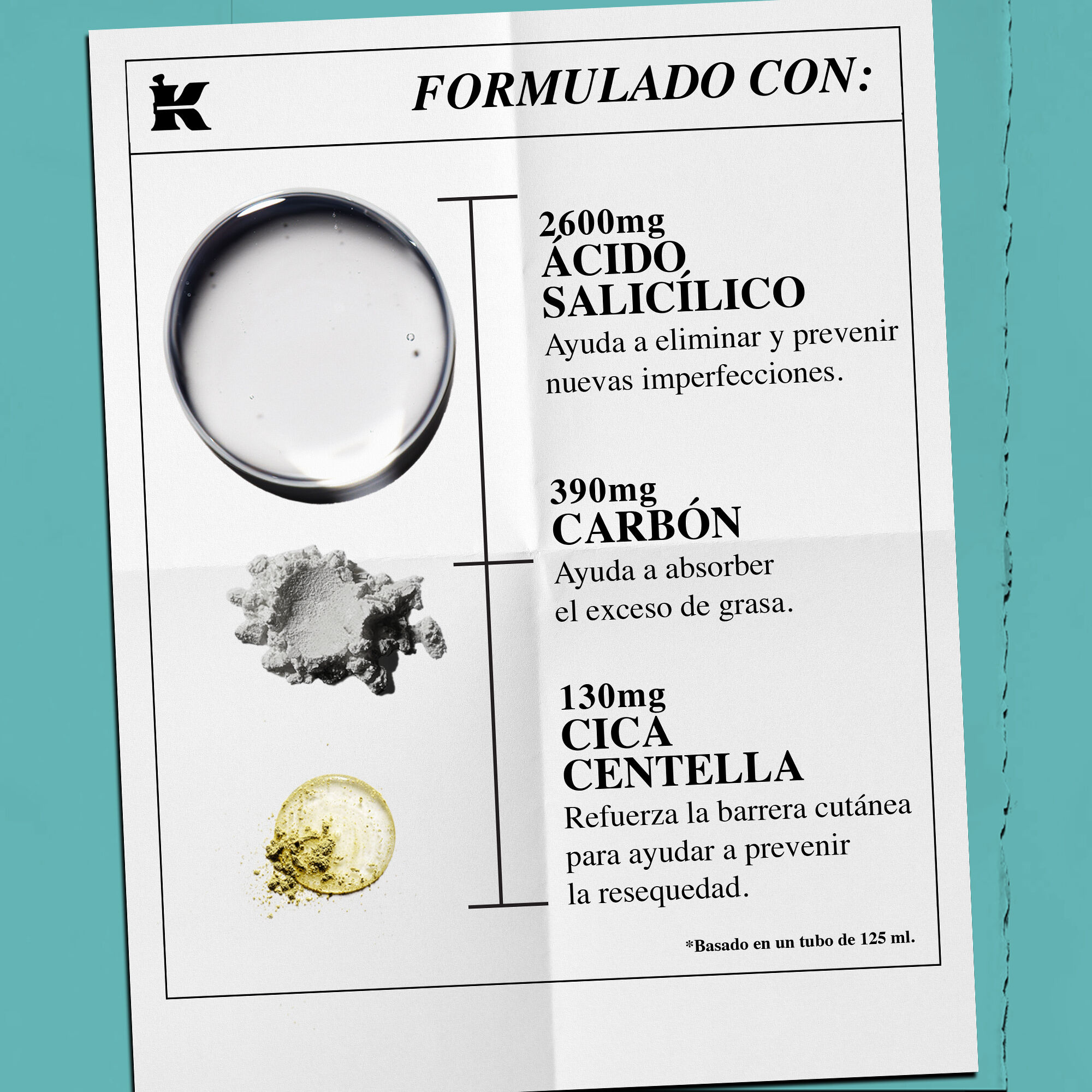 Imagenes de ingredientes: Acido Salicilico, Carbon y Cica Centella 