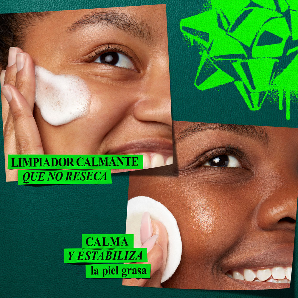 Un grafico sobre fondo verde oscuro con elementos verdes, muestra dos imagenes de cerca. La izquierda, mano aplicando espuma: "LIMPIADOR CALMANTE NO AGRESIVO". La derecha, mano aplicando con algodon: "CALMA Y ESTABILIZA PIEL GRASA". Una cinta verde adorna la esquina superior derecha.
