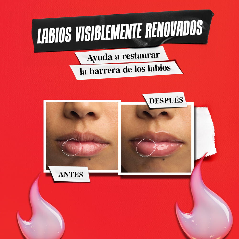 BComparacion del antes y despues de unos labios que muestran un "aspecto saludable de inmediato" con el tratamiento labial de Kiehl's, pasando de una apariencia seca y con textura a un acabado hidratado, suave y brillante.