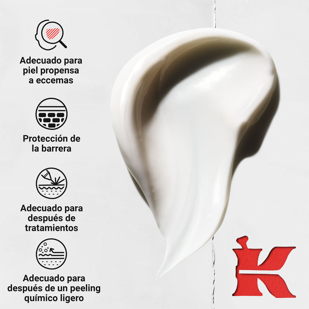 Remolino de crema blanca y negra. Beneficios: para piel con eccema, protege la barrera cutanea, apta post-laser y peeling quimico ligero. Logo 'K' rojo visible.