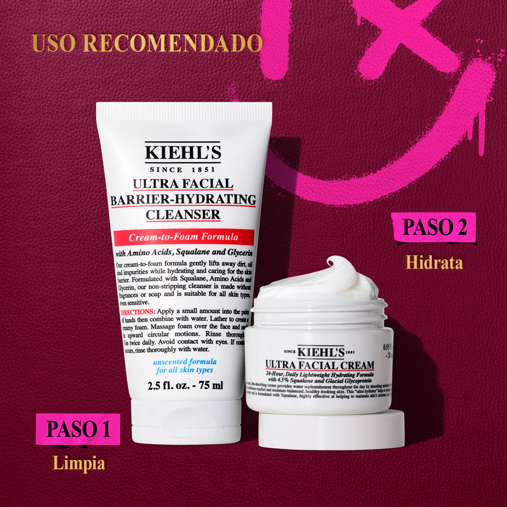 Un grafico ilustra el orden de uso recomendado para dos productos Kiehl's: un tubo blanco de "KIEHL'S ULTRA FACIAL BARRIER-HYDRATING CLEANSER" y un tarro blanco de "KIEHL'S ULTRA FACIAL CREAM". Arriba a la izquierda dice "ORDEN DE USO RECOMENDADO". Debajo del limpiador: "PASO 1 Limpia e hidrata profundamente". Debajo de la crema: "PASO 2 Hidrata y fortalece".