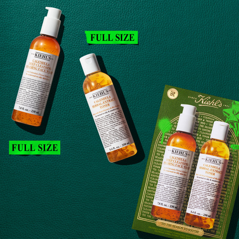 Un grafico con fondo verde oscuro texturizado y acentos verdes, muestra "ORDEN DE USO RECOMENDADO". Debajo, dos botellas: "Kiehl's Calendula Deep Cleansing Foaming Face Wash" (PASO 1: Limpiar la piel) y "Kiehl's Calendula Herbal-Extract Toner" (PASO 2: Calmar la piel). Estrellas verdes brillantes a la derecha.