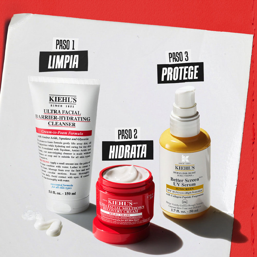 Rutina Kiehl's: Paso 1 Limpiar (Limpiador Hidratante Ultra Facial), Paso 2 Recuperar (Crema Meltdown Recovery Ultra Facial) y Paso 3 Proteger (Serum UV Better Screen) en fondo blanco/rojo.
