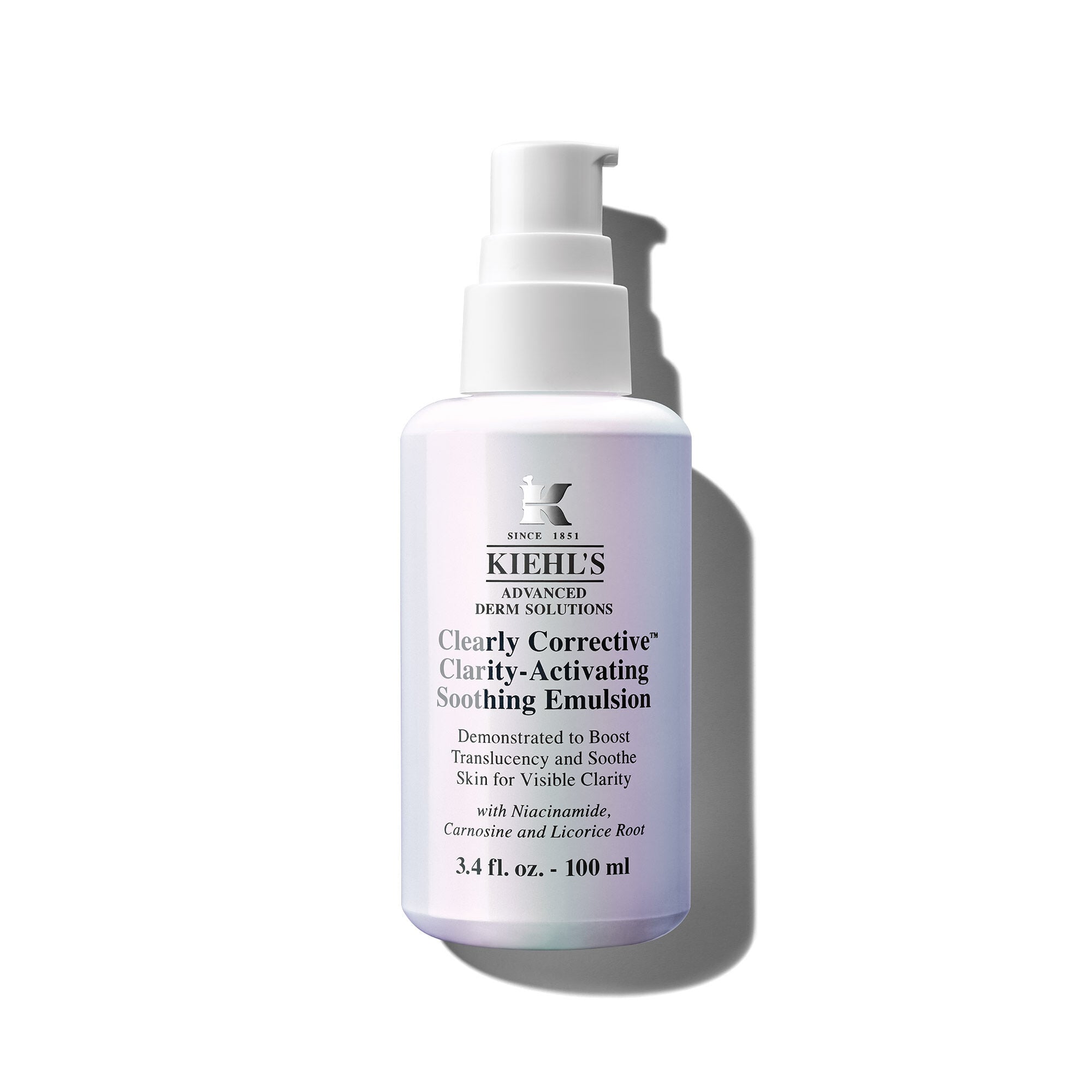 Kiehl’s Clearly Corrective™ Clarity-Boosting Soothing Emulsion, envase de 100 ml (3.4 fl. oz.).