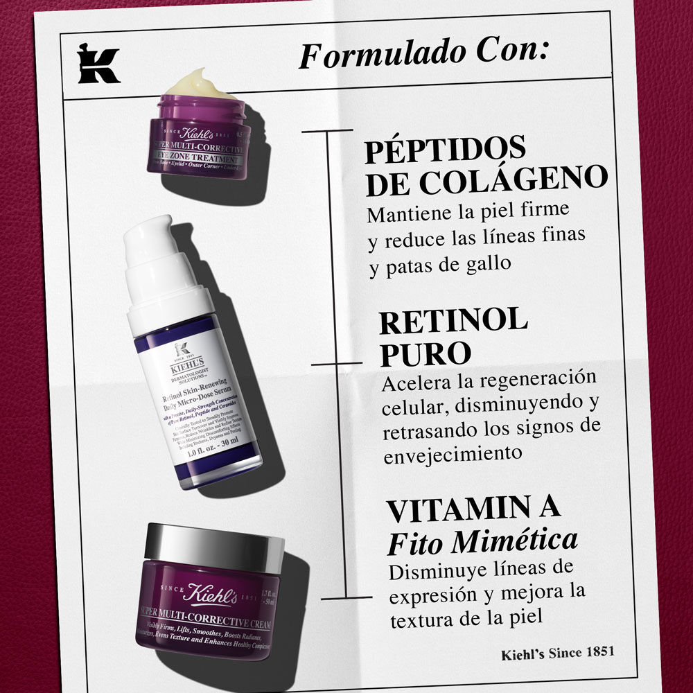 Un grafico de un papel blanco, sobre un fondo rojo oscuro, presenta una seccion titulada "Nuestra Formula Con:". En la parte superior hay un tarro morado de "Kiehl's Super Multi-Corrective Eye Zone Treatment", que destaca el beneficio "PEPTIDOS DE COLAGENO Reafirma visiblemente la piel". En el medio hay una botella blanca y morada de "Kiehl's Retinol Skin-Renewing Daily Micro-Dose Serum", con el beneficio "RETINOL PURO Reduce visiblemente las arrugas". En la parte inferior hay un tarro morado mas grande de "Kiehl's Super Multi-Corrective Cream", con el beneficio "VITAMINA A Fitomimetica Renueva la piel". Un pequeno logotipo de 'K' esta en la esquina superior izquierda.