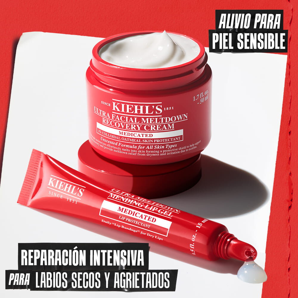 Grafico promocional de Kiehl's Ultra Facial Meltdown Recovery Cream y Mending Lip Gel. Presenta el empaque rojo de estilo farmaceutico con textos que destacan "Alivio para la piel sensible" y "Ultra reparacion para labios secos y agrietados".