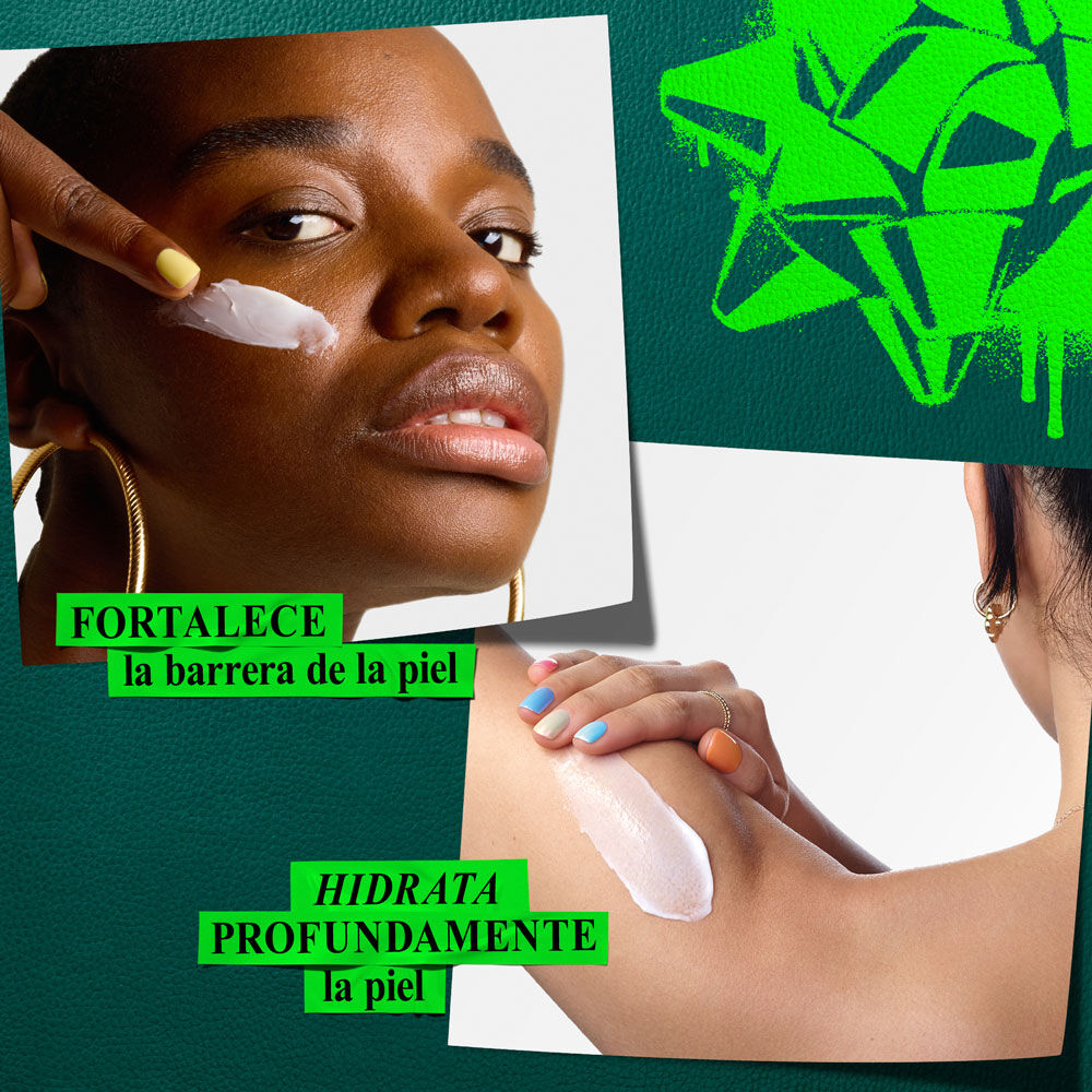 Un grafico sobre fondo verde oscuro con elementos verdes, muestra dos imagenes de cerca. La superior izquierda: mano aplicando crema en mejilla, con "FORTALECE barrera cutanea". La inferior derecha: mano aplicando crema en brazo, con "HIDRATA PROFUNDAMENTE la piel". Una cinta verde adorna la esquina superior derecha.