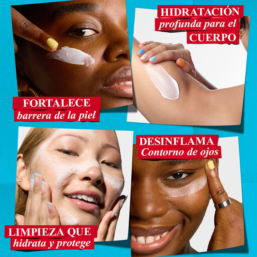 Paneles con diversas personas usando Kiehl's: fortaleciendo la barrera cutanea, hidratacion corporal profunda, limpieza suave y desinflamacion de ojos.