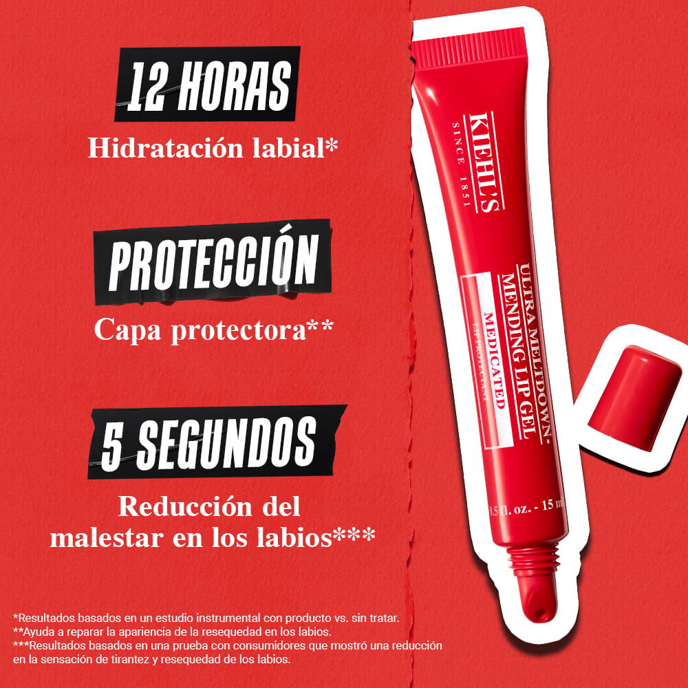 Grafico promocional de Kiehl's Mending Lip Gel que destaca 12 horas de hidratacion, su funcion como "venda protectora para los labios" y el alivio de las molestias en 5 segundos, mostrando el tubo rojo de diseno farmaceutico.