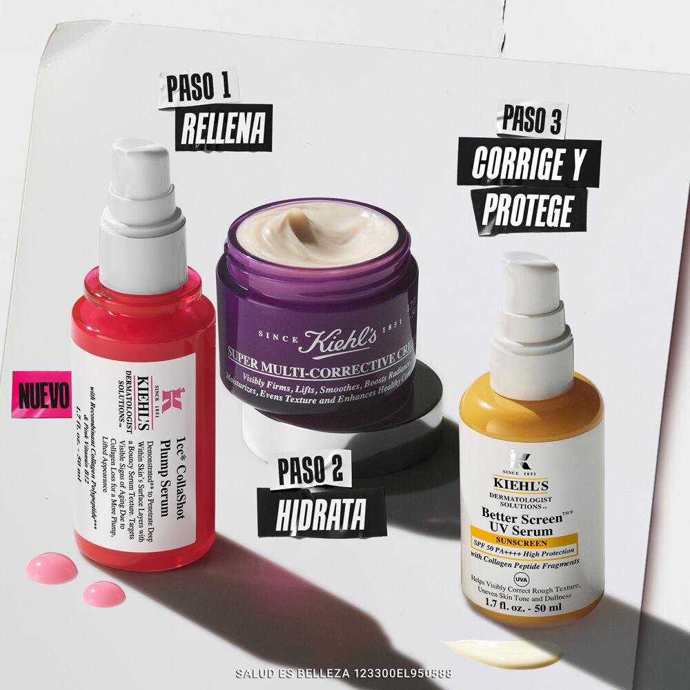 Rutina de 3 pasos: Hydro-Plumping Serum (Paso 1), Super Multi-Corrective Cream (Paso 2) y suero Vitamina C (Paso 3). Con muestras de textura.