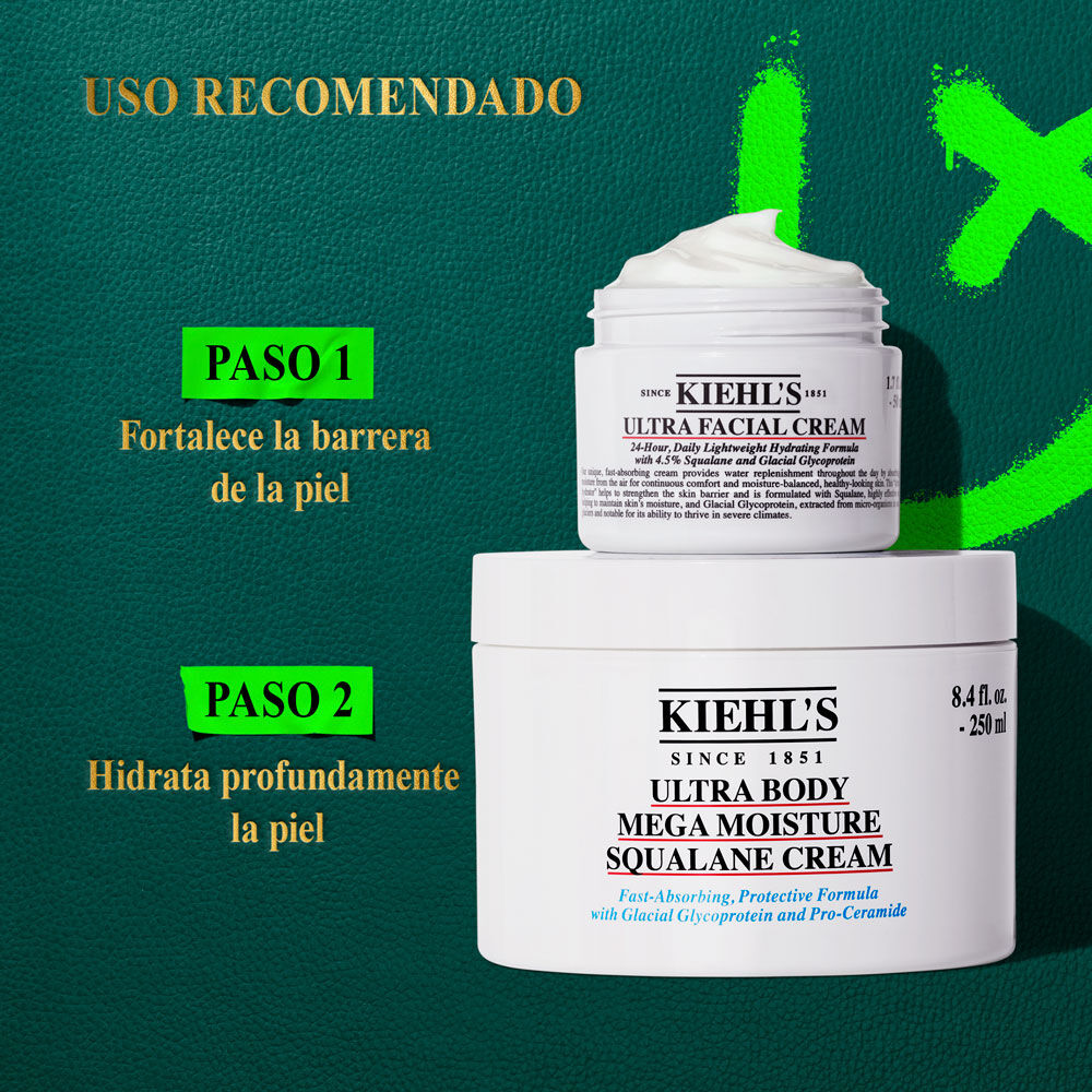 Un grafico sobre fondo verde oscuro texturizado con acentos verdes, muestra "ORDEN DE USO RECOMENDADO". Debajo, dos tarros blancos de crema Kiehl’s apilados. El superior, "KIEHL’S ULTRA FACIAL CREAM", indica "PASO 1 Fortalece barrera 15 capas". El inferior: "KIEHL’S ULTRA BODY MEGA MOISTURE SQUALANE CREAM", dice "PASO 2 Hidrata 72 horas".