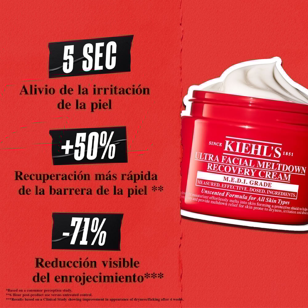 Fondo rojo con la crema Kiehl's Ultra Facial Meltdown Recovery Cream Whip. Ofrece alivio en 5 segundos, +50% recuperacion rapida de la barrera y -71% rojez visible. Con descargo de responsabilidad.