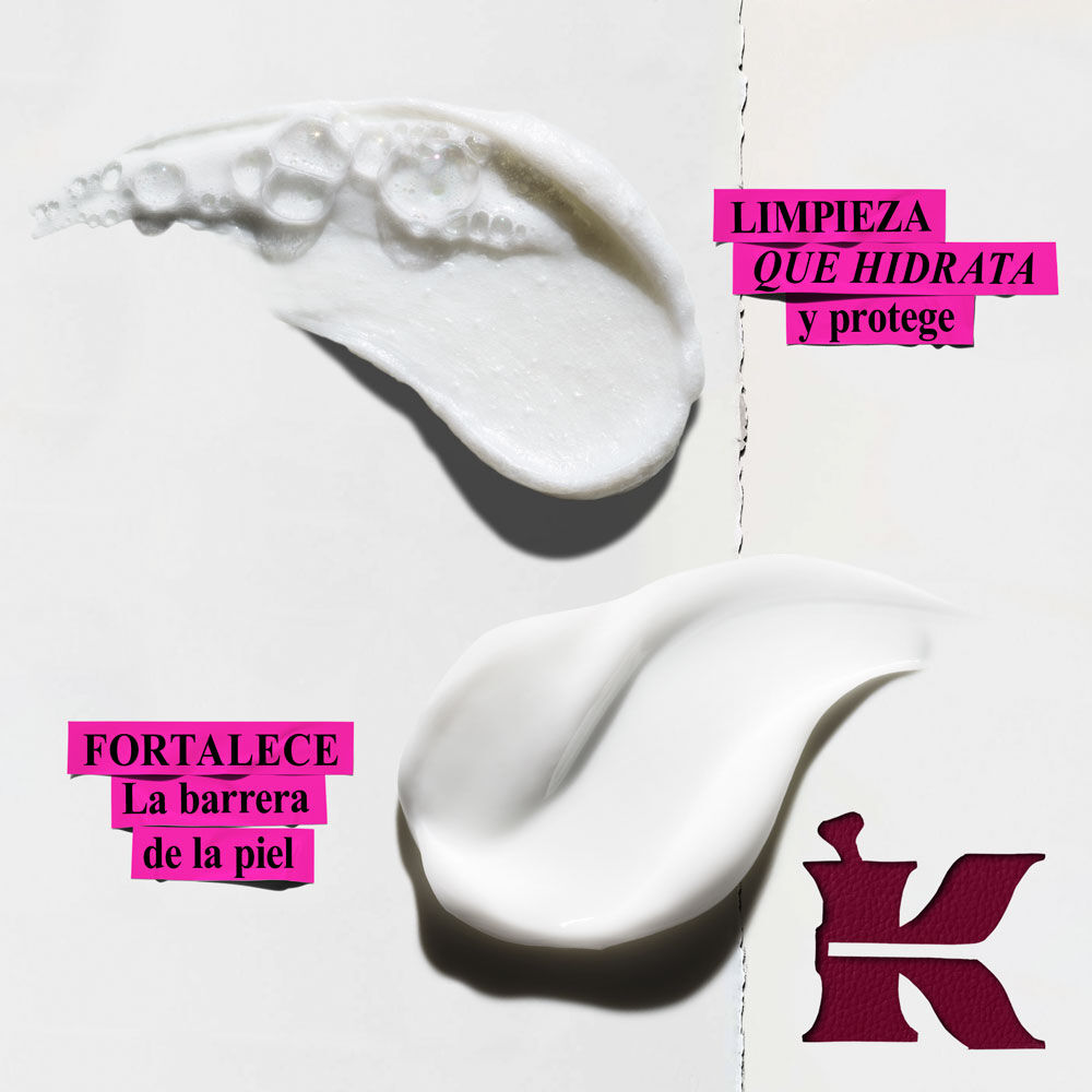 Un grafico presenta tres muestras de producto distintas sobre fondo blanco, con sus etiquetas: una amarilla palida "RETINOL Serum", una beige clara "ANTI-AGING Face Cream", y una blanquecina "ANTI-AGING Eye Cream", todas en cajas magenta. Un logo "K" oscuro estilizado abajo a la izquierda.