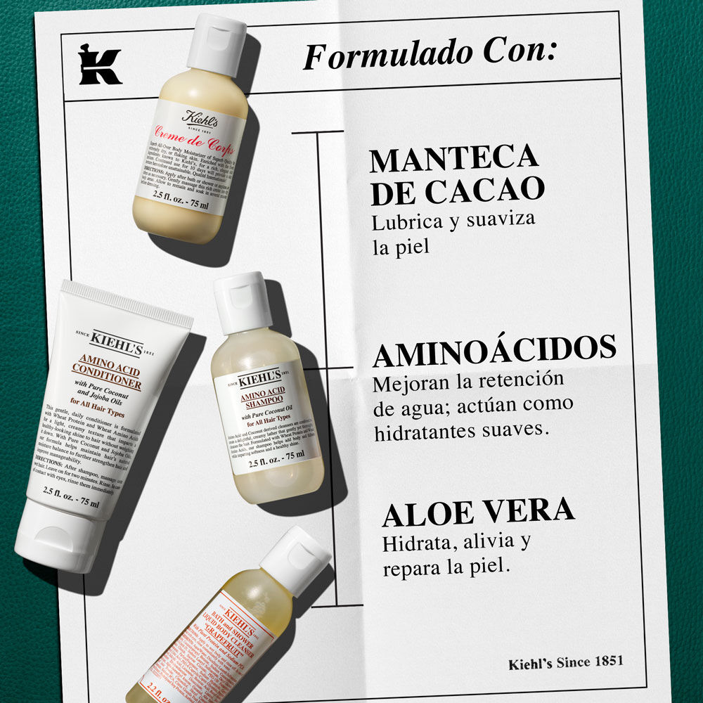 Grafico de papel blanco sobre fondo verde oscuro con cuatro productos Kiehl's y "Nuestros Productos Con:". Crema de Corps (MANTECA DE CACAO: Hidrata). Acondicionador Aminoacidos. Champu (AMINOACIDOS: Retienen humedad). Limpiador Corporal (ALOE VERA: Limpia suavemente). Con logo 'K'.