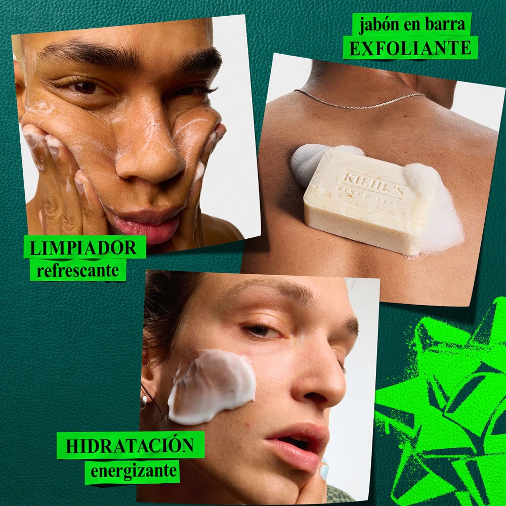 Grafico sobre fondo verde oscuro con elementos verdes. Tres imagenes con beneficios: Lavado facial "VIGORIZANTE". Exfoliante corporal "EXFOLIANTE". Aplicacion de crema facial "HIDRATACION VIGORIZANTE". Un lazo verde brillante en el fondo.