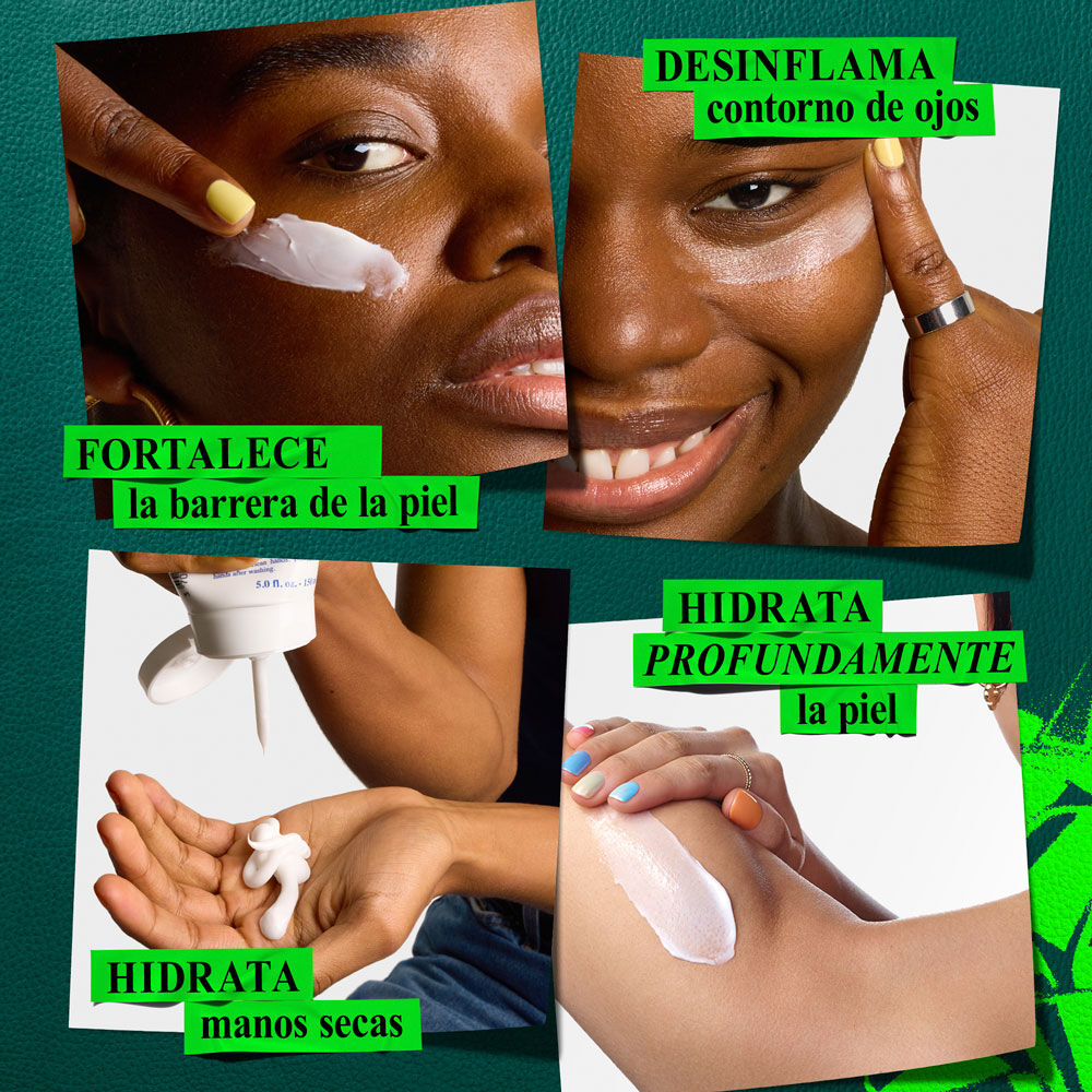 Grafico con fondo verde oscuro y elementos verdes. Muestra cuatro imagenes de cerca, cada una con un beneficio. "FORTALECE barrera cutanea", "DESINFLAMA contorno de ojos", "ACONDICIONA manos secas" y "HIDRATA PROFUNDAMENTE la piel".