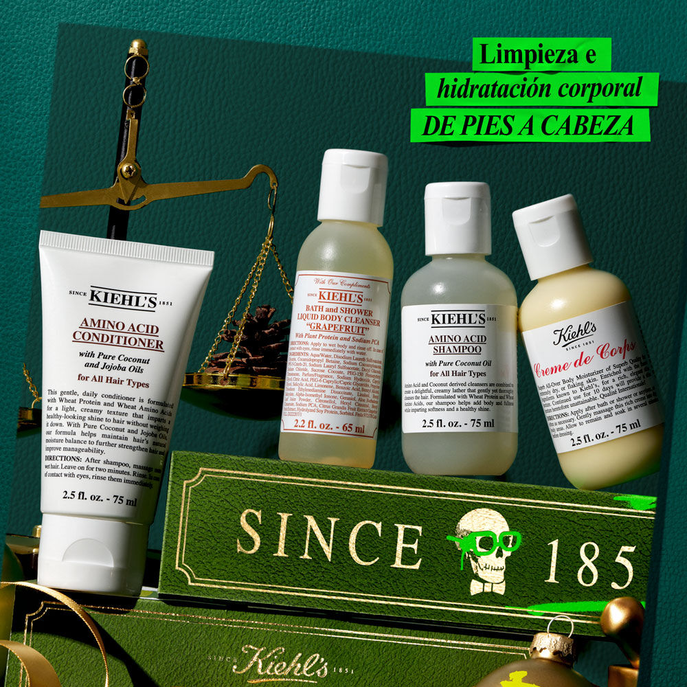 Grafico festivo sobre fondo verde oscuro con acentos dorados y verdes. Cuatro productos alrededor de una caja de regalo verde y dorada "SINCE 1851". Incluye acondicionador, limpiador corporal, champu y Crema de Corps. Texto: "¡Regala hidratacion total esta Navidad!".