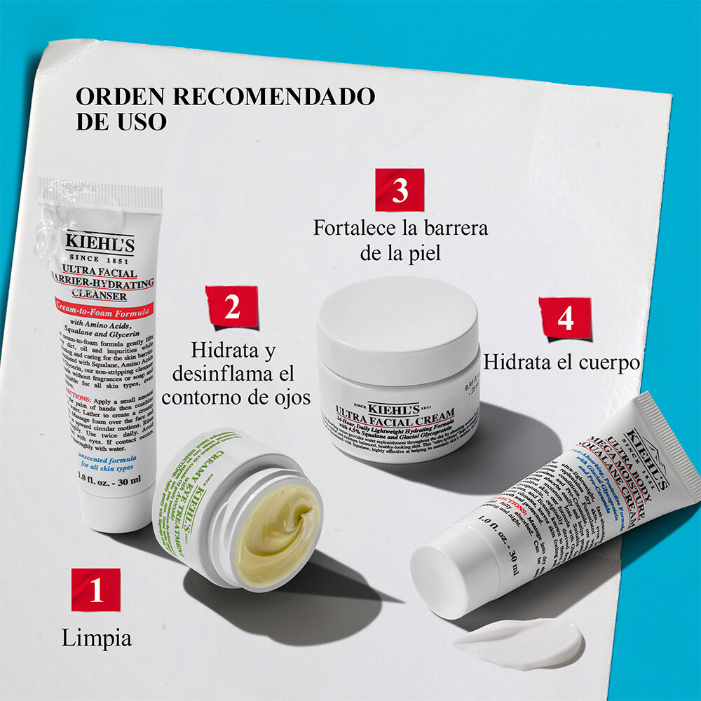 Productos Kiehl's: Ultra Facial Cream, Creamy Eye Treatment y Ultra Facial Barrier Cleanser, con precios promocionales y gran valor.
