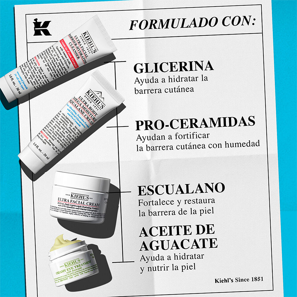 Kiehl's destaca ingredientes clave: Glicerina, Pro-Ceramidas, Escualano y Aceite de Aguacate en su linea Ultra Facial y de contorno de ojos.