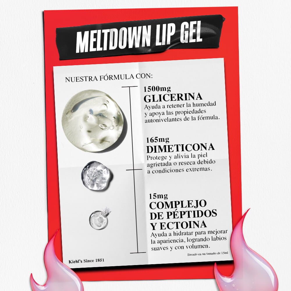 Infografia de la formula de Kiehl's que destaca los ingredientes clave para el cuidado de los labios: glicerina para la hidratacion, dimeticona para la proteccion contra la sequedad y una mezcla de peptidos y ectoina para unos labios de aspecto suave y con mas volumen.