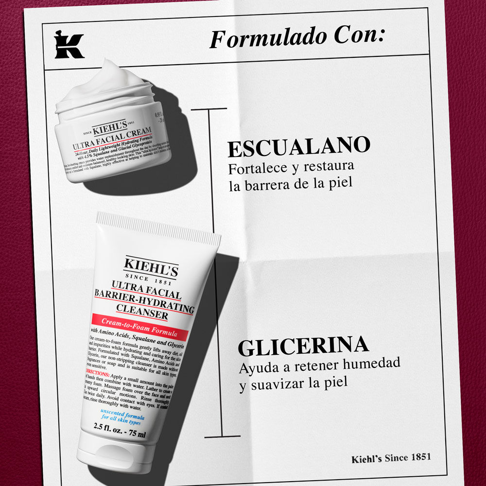 Una hoja blanca con el logo Kiehl's arriba a la izquierda. Un tarro blanco de "KIEHL'S ULTRA FACIAL CREAM" arriba y un tubo blanco de "KIEHL'S ULTRA FACIAL BARRIER-HYDRATING CLEANSER" abajo. El titulo dice "Nuestra Formula Con:". A la derecha de la crema: "SQUALANE Repone barrera". Del limpiador: "GLICOPROTEINA GLACIAL Mantiene el equilibrio hidrico". Fondo rojo oscuro.