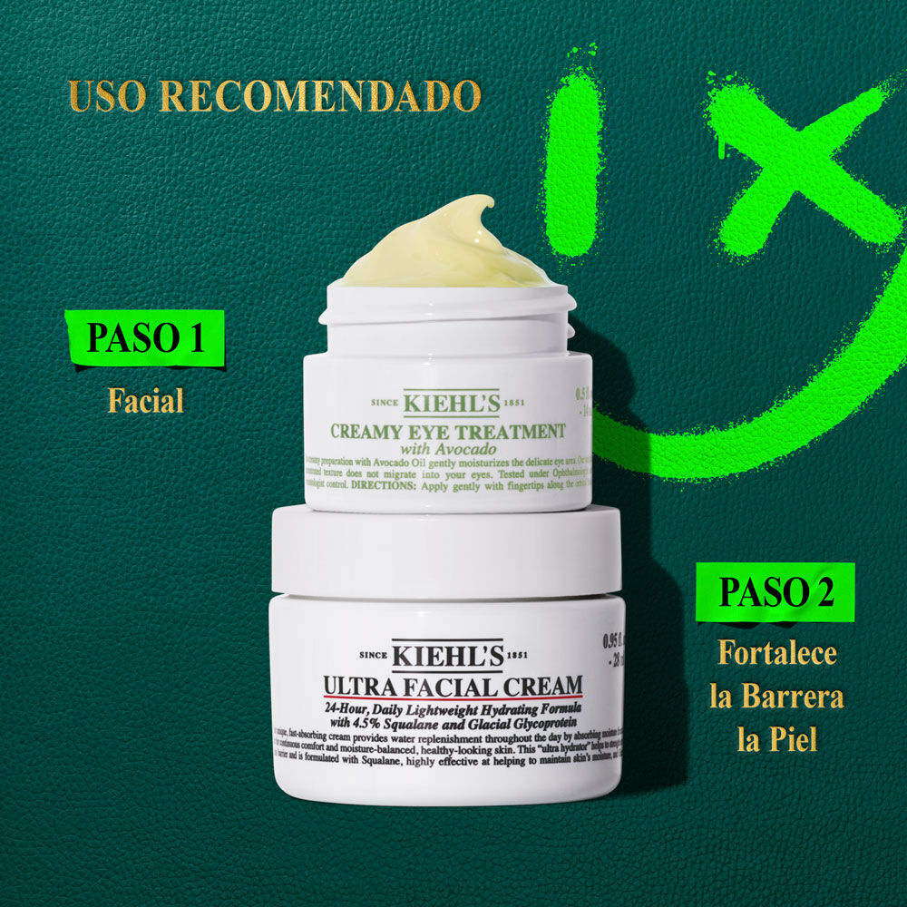 Un grafico con dos tarros Kiehl's. Arriba a la izquierda: "ORDEN DE USO RECOMENDADO". El tarro superior "KIEHL'S CREAMY EYE TREATMENT with avocado" dice "PASO 1 Hidrata y desinflama ojos". El inferior "KIEHL'S ULTRA FACIAL CREAM" dice "PASO 2 Fortalece barrera". Cara sonriente verde arriba derecha.