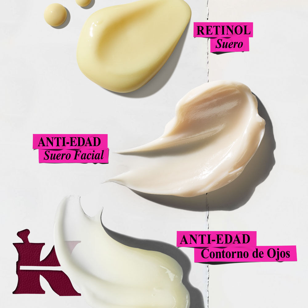 Un grafico presenta tres muestras distintas de productos sobre un fondo blanco, acompanadas de sus etiquetas especificas: una muestra de color amarillo palido etiquetada como "Serum de RETINOL", una muestra de color beige claro etiquetada como "Crema Facial ANTI-EDAD" y una muestra de color blanquecino etiquetada como "Crema de Ojos ANTI-EDAD", todas presentadas en recuadros de color magenta. Un logotipo de 'K' oscuro y estilizado es visible en la esquina inferior izquierda.