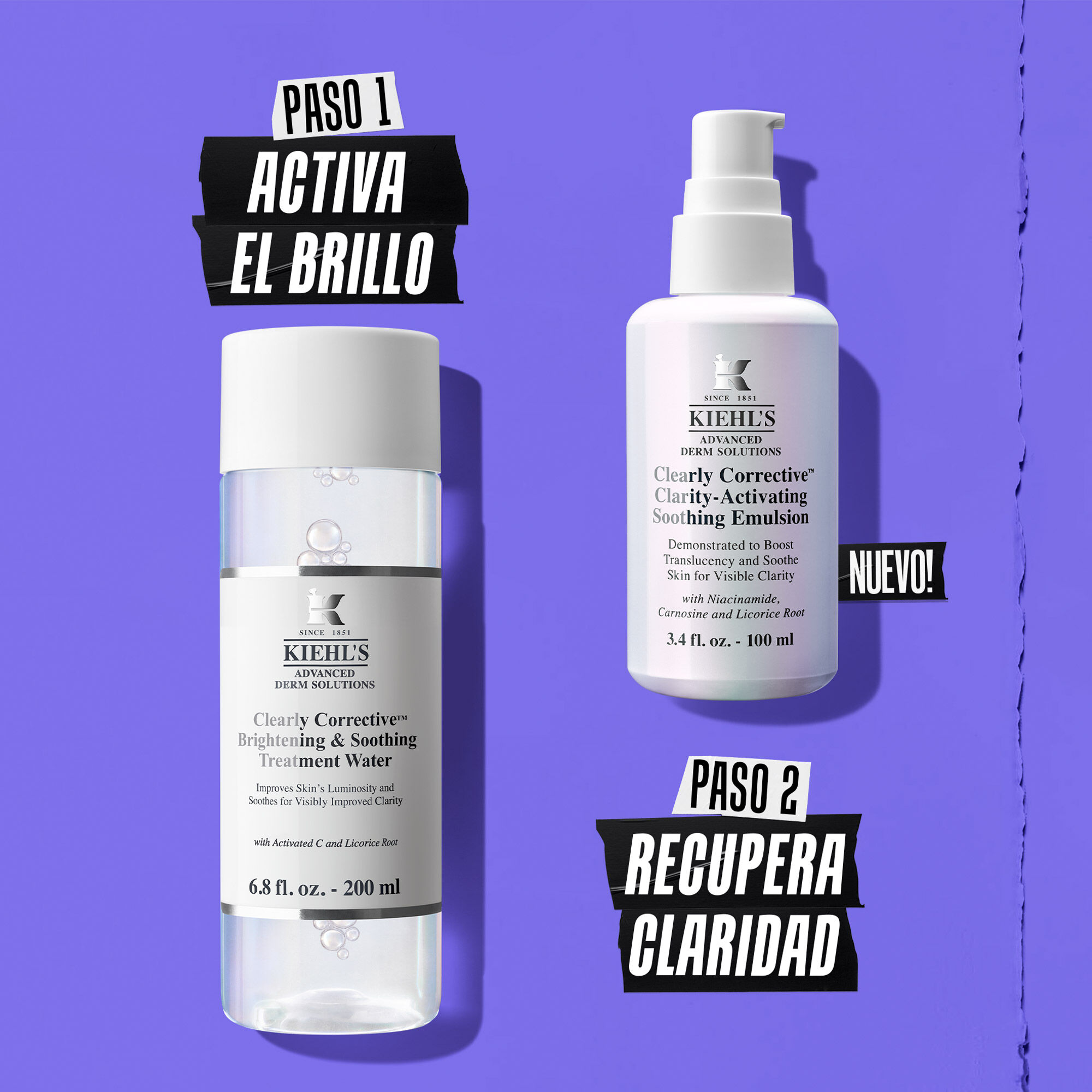 Dos frascos de la formula con instrucciones de uso: Paso 1: Activar la luminosidad; Paso 2: Recuperar la claridad.