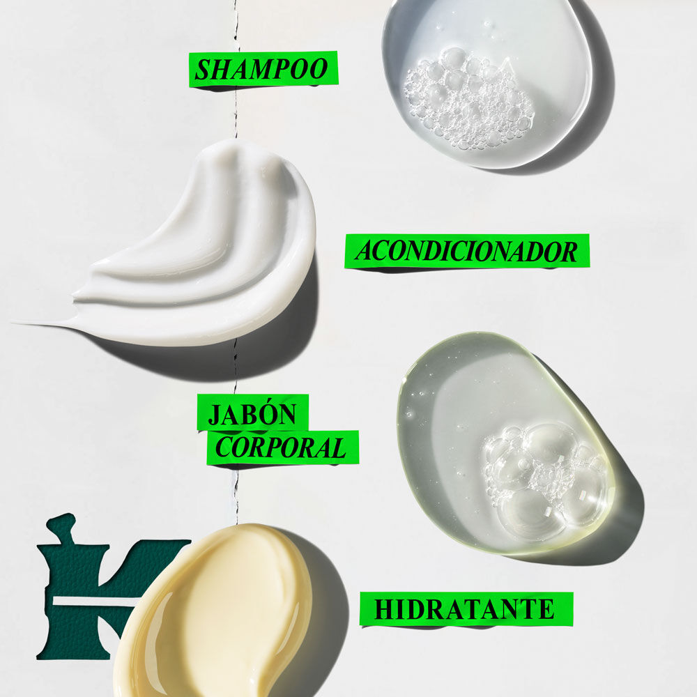 Grafico con cuatro remolinos/gotas de producto sobre fondo blanco. Espuma blanca: "Champu Limpiador Suave". Crema blanca: "Acondicionador Diario Suave". Gota espumosa transparente: "Gel de Bano Refrescante". Remolino amarillo: "Locion Corporal Hidratante". Logo 'K' verde.
