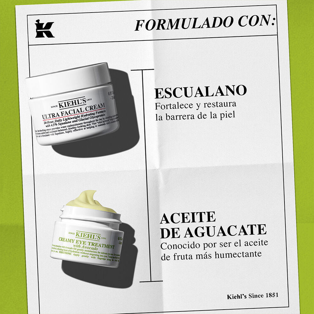 Productos Kiehl's: Ultra Facial Cream y Creamy Eye Treatment. Destacan el Escualano para la barrera cutanea y el Aceite de Aguacate para hidratar.