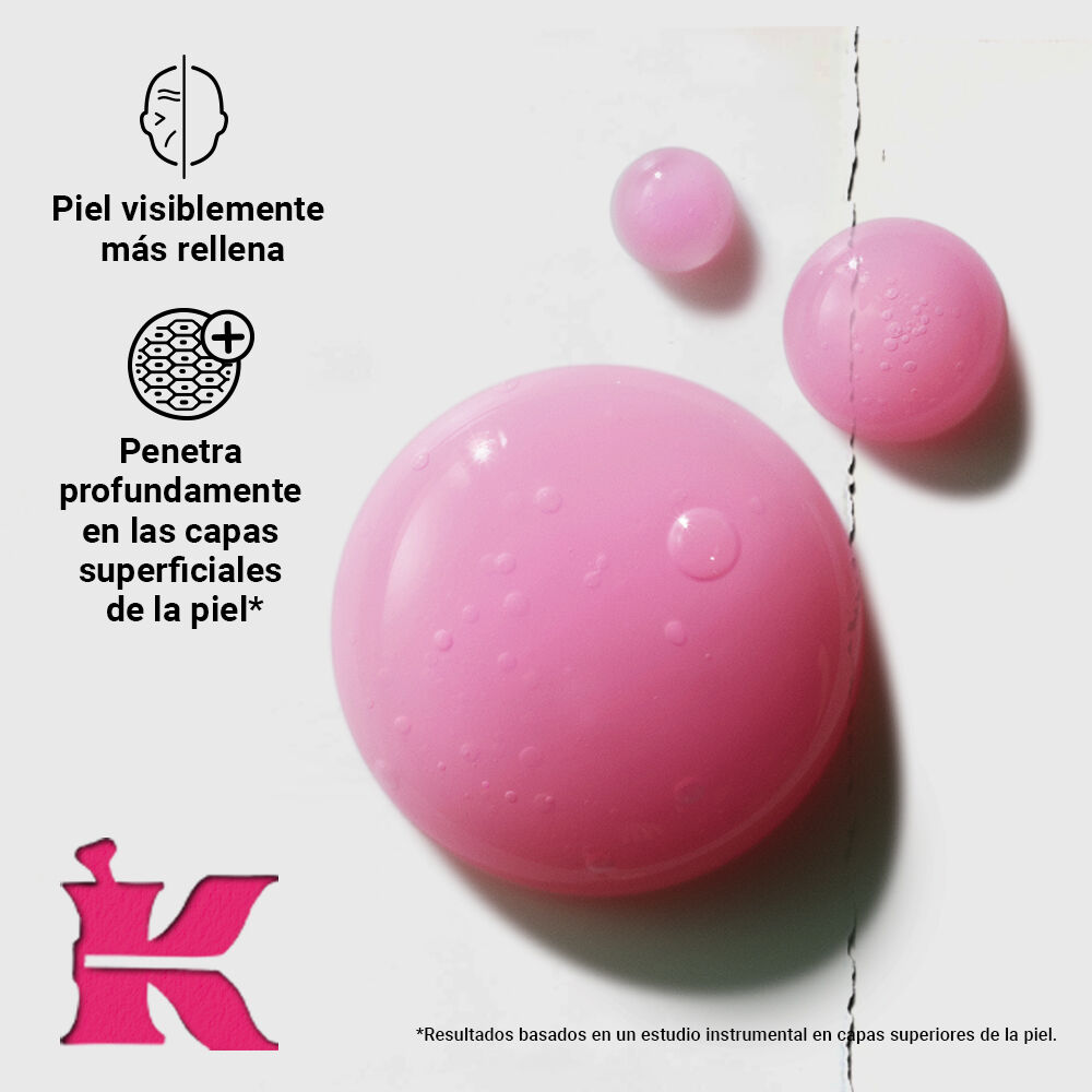 Esferas rosas de Kiehl’s sobre fondo blanco con texto de piel con mas volumen, soporte de colageno y nota sobre dosis y vitamina B12.