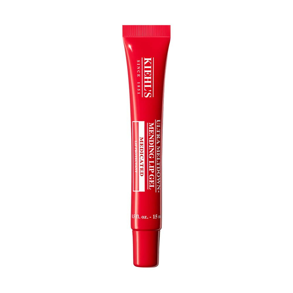 A red tUn tubo rojo de Kiehl's Ultra Facial Advanced Barrier Mending Lip Gel, un tratamiento formulado para reparar e hidratar la barrera de humedad de los labios.