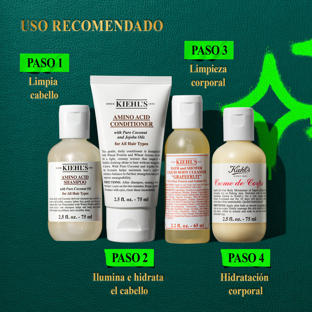Grafico sobre fondo verde oscuro texturizado con acentos verdes. Texto: "ORDEN DE USO RECOMENDADO". Cuatro productos: Champu Aminoacidos (PASO 1: Limpia y Suaviza). Acondicionador (PASO 2: Brillo e Hidratacion). Limpiador Corporal (PASO 3: Limpia y Refresca). Creme de Corps (PASO 4: Mejora Piel).