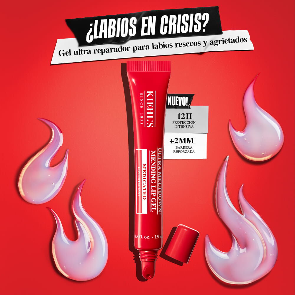Tubo rojo de Kiehl's Ultra Facial Advanced Barrier Mending Lip Gel sin tapa, disenado para reparar e hidratar la barrera de los labios.
