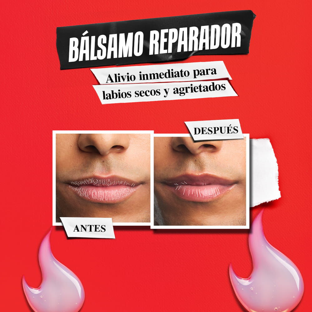 Grafico "Balsamo Reparador": antes y despues de labios secos y agrietados que lucen suaves, hidratados y brillantes. Fondo rojo con muestras de gel rosa.