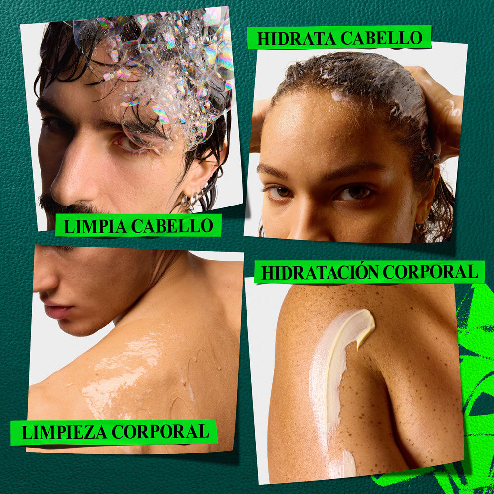 Grafico sobre fondo verde oscuro con elementos verdes. Cuatro imagenes de cerca con beneficios. Cabello con espuma: "LIMPIA EL CABELLO". Aplicando acondicionador: "HIDRATA EL CABELLO". Piel mojada: "LIMPIA LA PIEL". Mano aplicando locion: "HIDRATA LA PIEL".