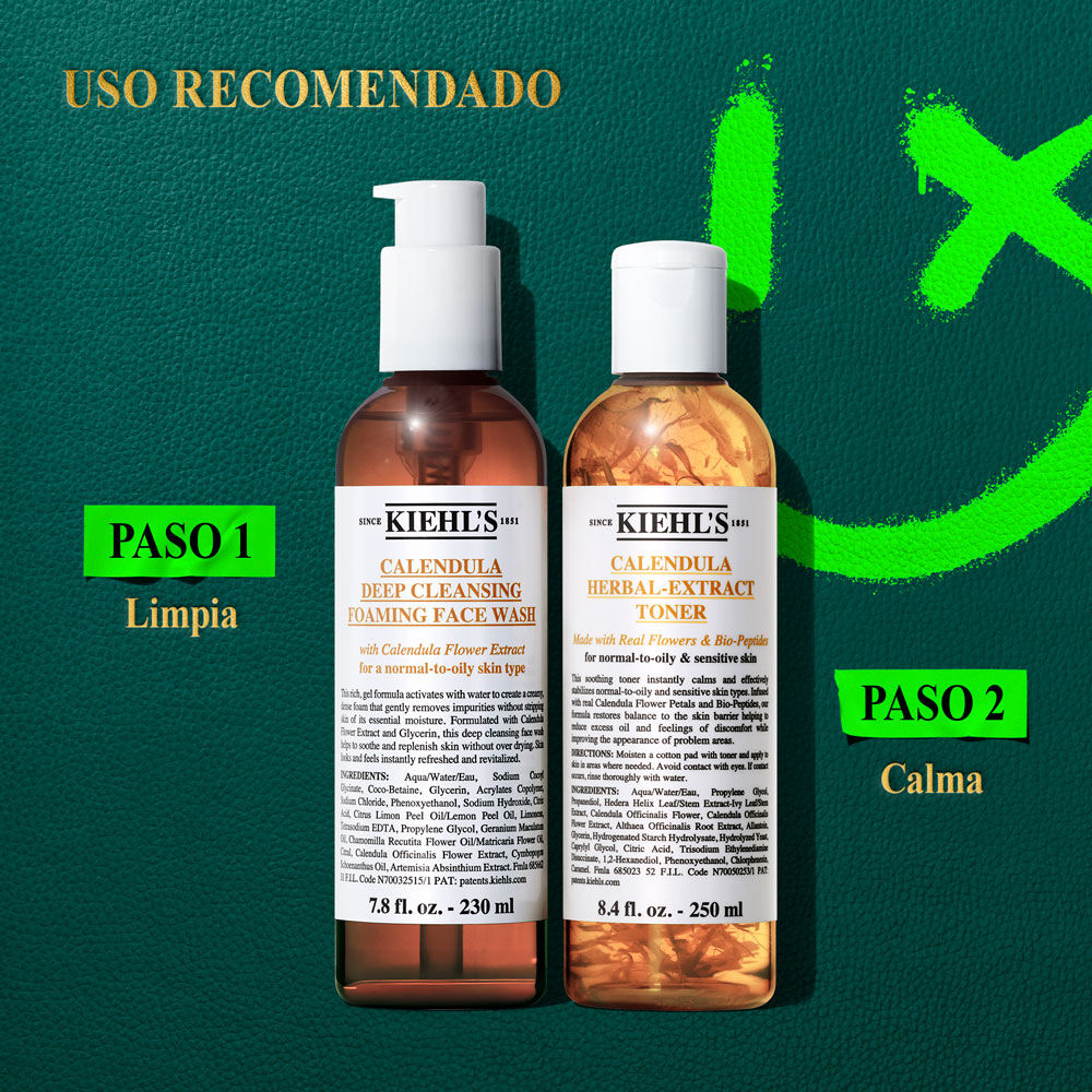 Un grafico con fondo verde oscuro y elementos verdes, muestra dos botellas. Arriba a la izquierda, "ORDEN DE USO RECOMENDADO". "KIEHL'S CALENDULA DEEP CLEANSING FOAMING FACE WASH" dice "PASO 1 Limpiar suavemente", y "KIEHL'S CALENDULA HERBAL-EXTRACT TONER" dice "PASO 2 Calmar la piel".