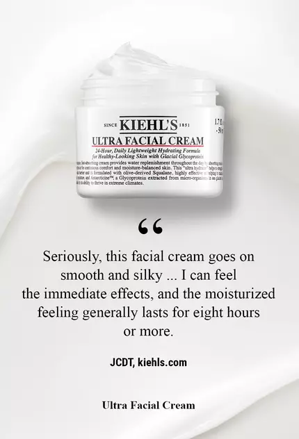 En serio, esta crema facial se aplica de forma suave y sedosa... Puedo sentir los efectos inmediatos, y la sensacion de hidratacion suele durar ocho horas o mas. –JCDT, kiehls.com
